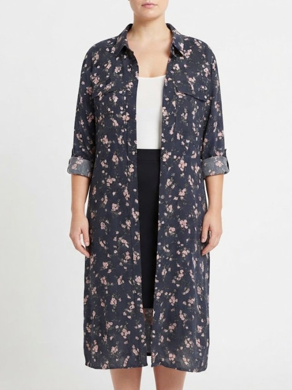 Navy & Pink Floral Button-Front Long Sleeve Dress